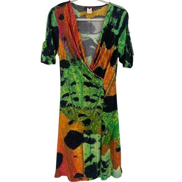 VIVIENNE TAM Size Large Green Abstract Splatter Print 100% Silk Faux Wrap Dress - Picture 1 of 10